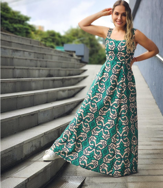 VESTIDO VERDE CON BEIGE